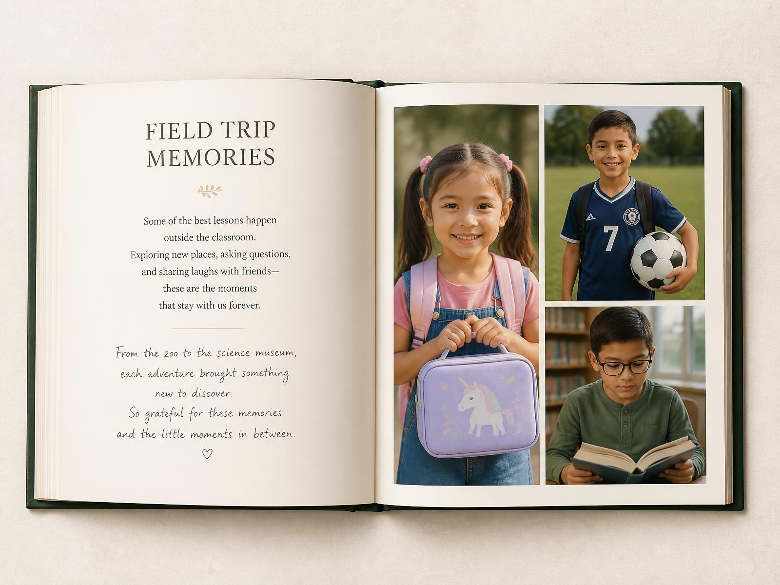 An open Grade & Caption book showing a written story on the left page and a school photo collage on the right page.