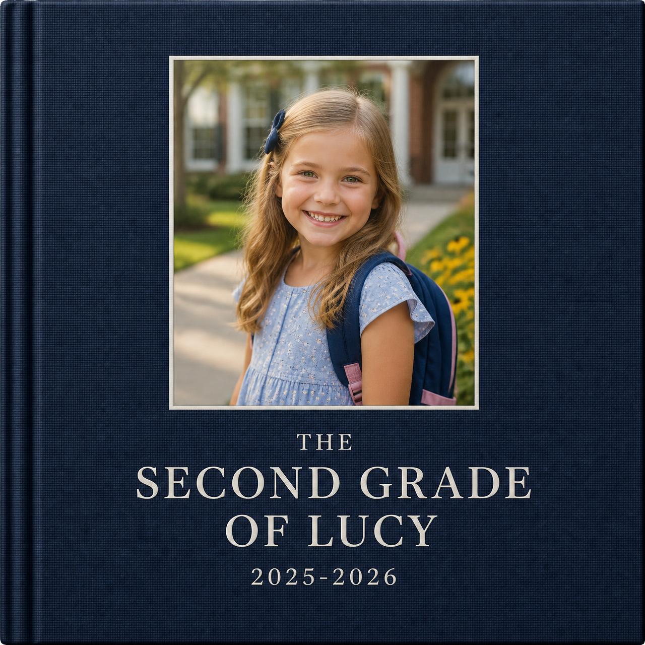 A hardcover keepsake book open to a page with school photos and a handwritten caption.